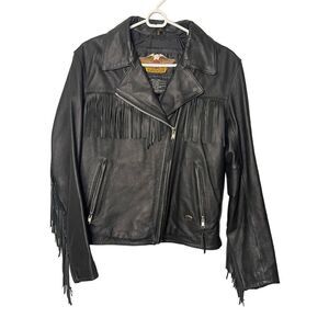 Vintage Harley Davidson Genuine Leather Black Motorcycle Jacket Fringe Sz M